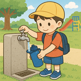 水筒に水を汲む少年